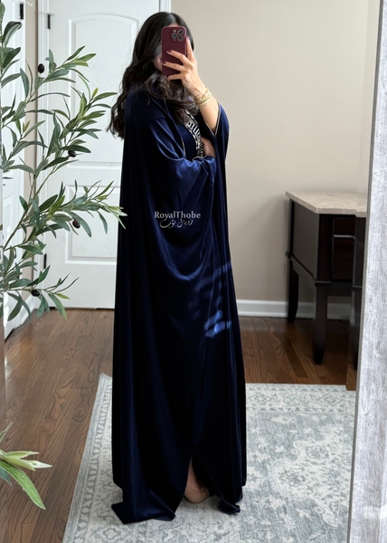 Navy Blue Velvet Kasab Gold Squares Bisht  -Free Size