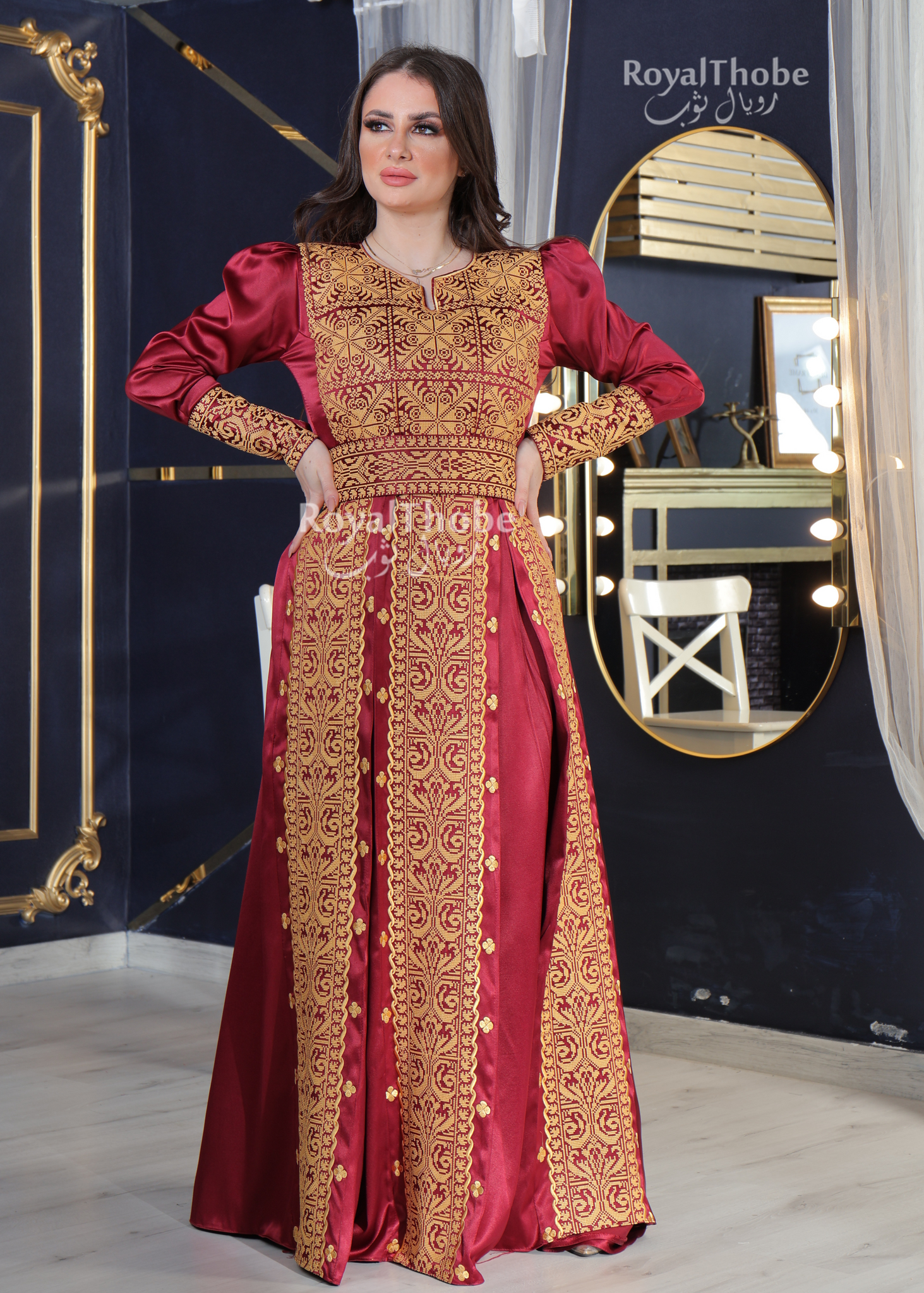 Burgundy Satin Modern Puff Shoulder Style Long Embroidered Dress