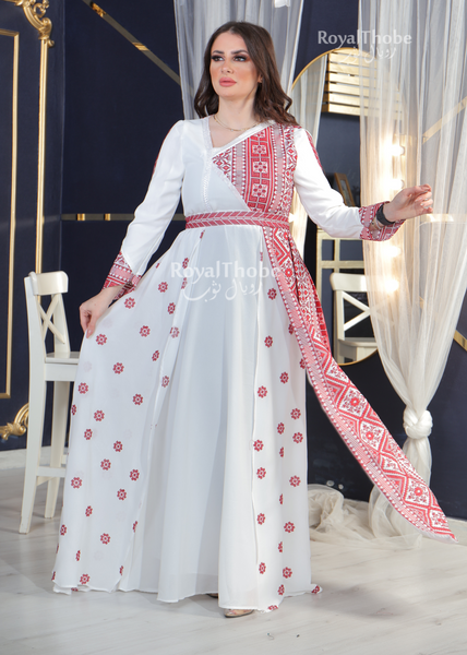 White/Red Modern Asymmetric Neck Style Full Embroidered Dress