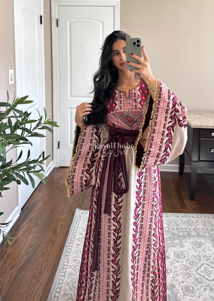 Beige/ Burgundy Zaytona Branches Full Embroidered Thobe