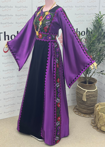 Black/ Purple Floral Satin Long Full Embroidered Thobe