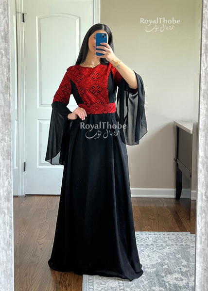 Simple Black/Red Flare Sleeve Long Embroidered Dress