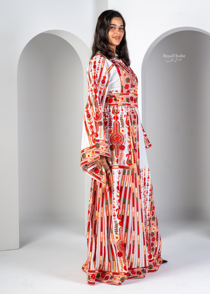 White/Red Flare Flower Maleka Long Full Embroidered Thobe