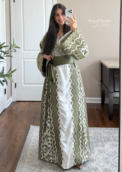 White/ Olive Green Zaytona Full Embroidered Thobe