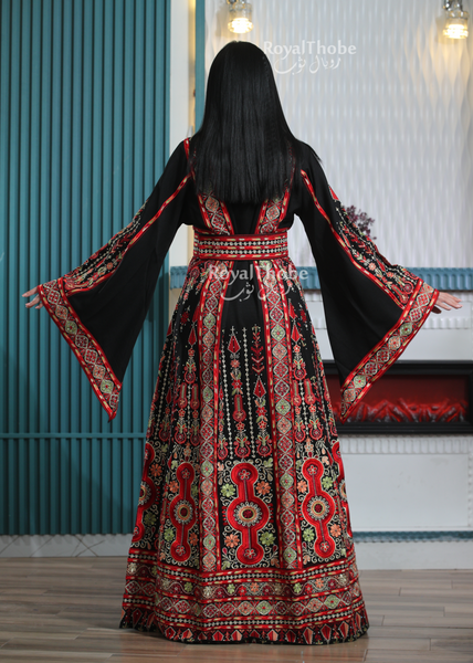 Black/Red Flower Maleka Long Full Embroidered Thobe