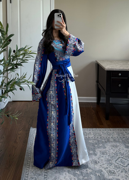 White/ Blue Satin Classic Full Embroidered Thobe