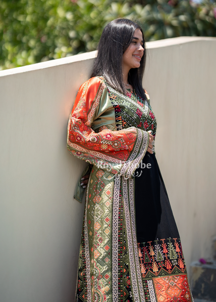 Black Orange & Olive Green Maleka Long Full Embroidered Thobe