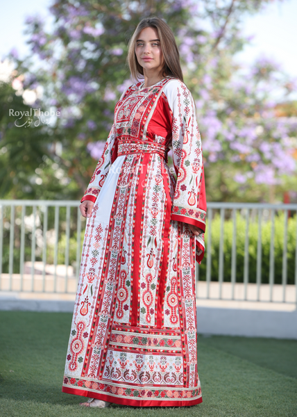 White/Red Flower Maleka Full Embroidered Thobe With Red Satin Reversible Belt