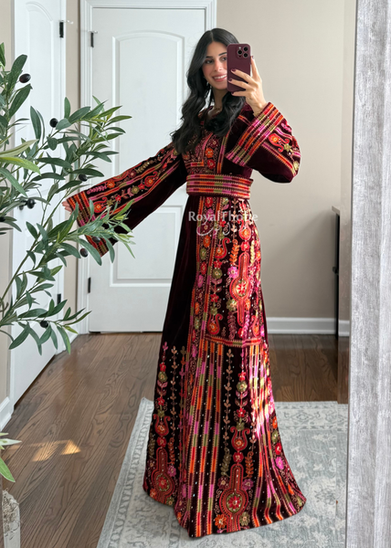 Velvet Burgundy Maleka Floral Long Fully Embroidered Thobe