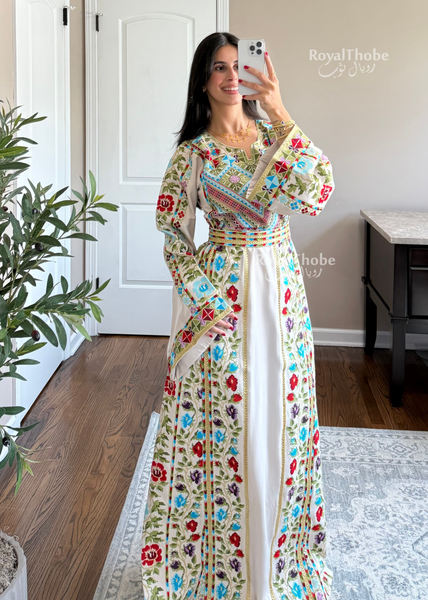 Beige/Cream Colorful Wardeh Kasab Long Full Embroidered Thobe