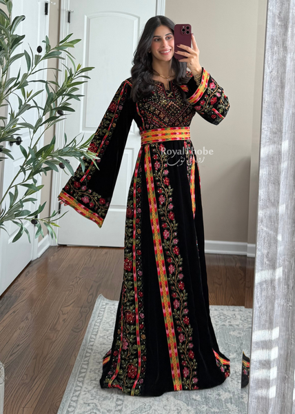 Velvet Black Floral Manajel Long Fully Embroidered Thobe