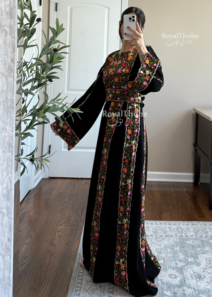 Black/Olive Green Elegant Floral Full Embroidered Thobe