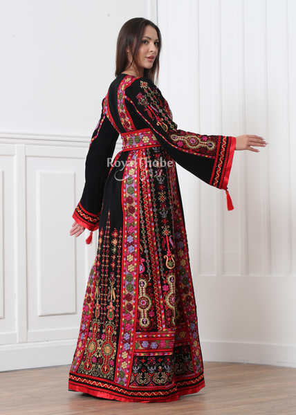 Black/Red Malak Kasab Full Embroidered Thobe With Reversible Red Satin Belt