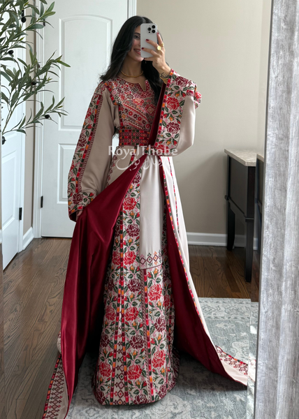 Bridal Beige/Burgundy Warda Full Embroidered Thobe