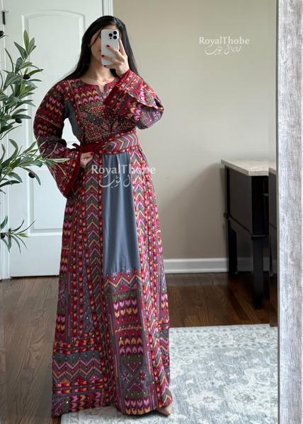 Dark Gray/Burgundy Modern Sahem Long Full Embroidered Thobe With A Revisable Burgundy Satin Belt