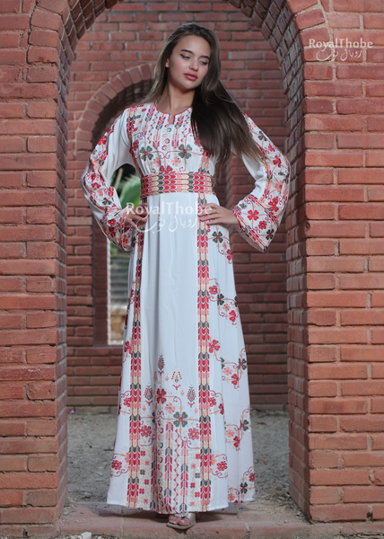 White/Red Simple Flower Long Full Embroidered Thobe