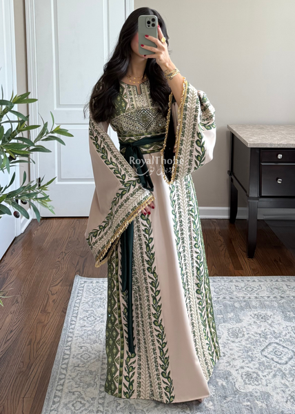 Beige/ Olive Green Zaytona Branches Full Embroidered Thobe With Fringe Sleeves