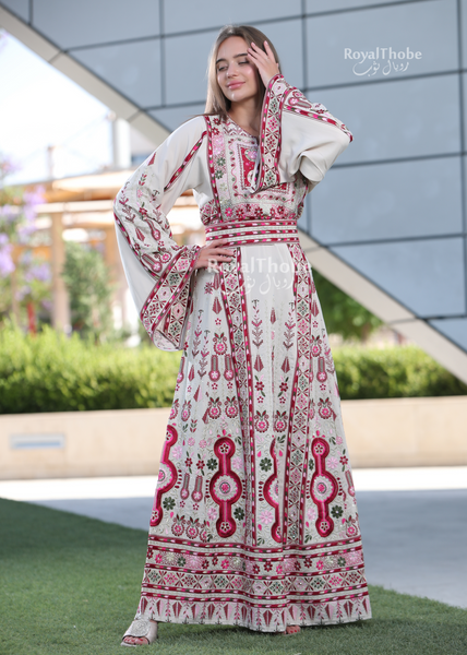 Beige/Burgundy Flower Maleka Long Full Embroidered Thobe