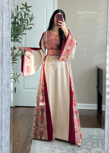 Dark Beige/Burgundy Elegant Full Embroidered Thobe With Revisable Belt