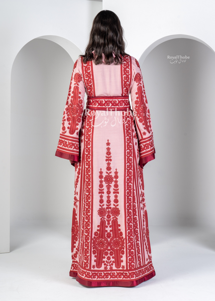 Pink Floral Maleka Long Full Embroidered Thobe.