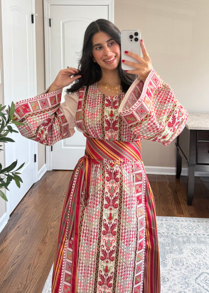 Beige/ Cream Saya Vintage Straight Cut Full Embroidered Thobe