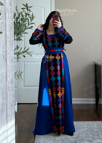 Black/Royal Blue Colorful Square Neck Long Full Embroidered Thobe