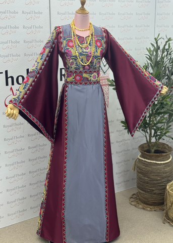 Gray/Burgundy Simple Floral Satin Long Full Embroidered Thobe/Dress