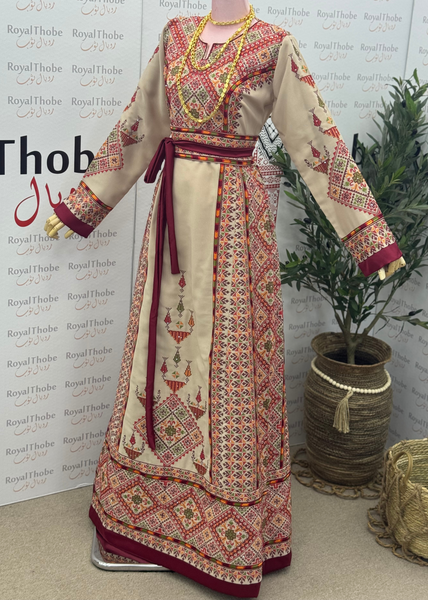 Beige / Burgundy Sahem Long Full Embroidered Thobe