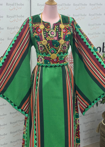 Green Majdlawe Simple Floral Long Full Embroidered Thobe