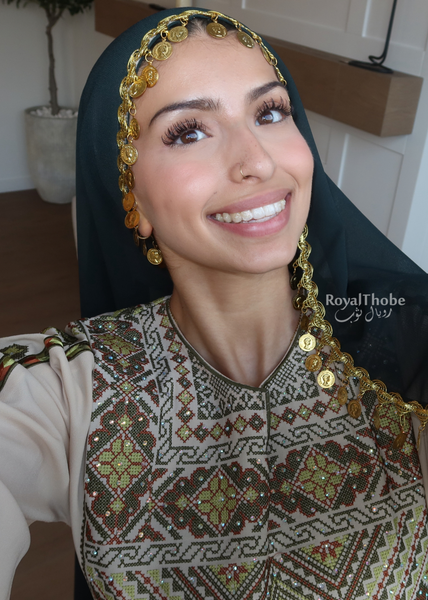 Beige/ Green & Brown Olive Branches Long Full Embroidered Thobe.
