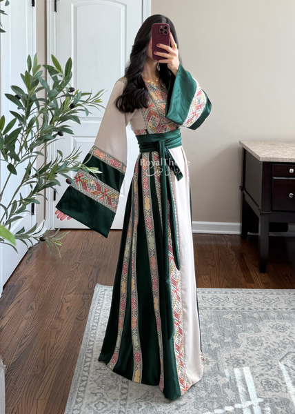 Beige/Olive Green Simple Full Embroidered Thobe