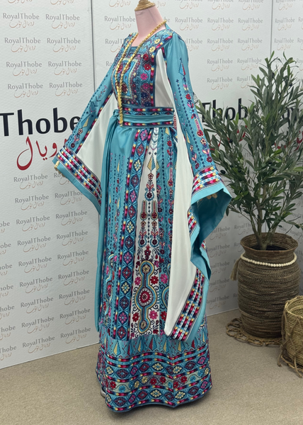 Baby Blue/White Maleka Long Full Embroidered Thobe