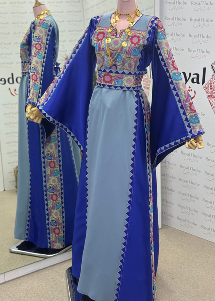 Light Blue/Royal Blue Floral Satin Long Full Embroidered Thobe