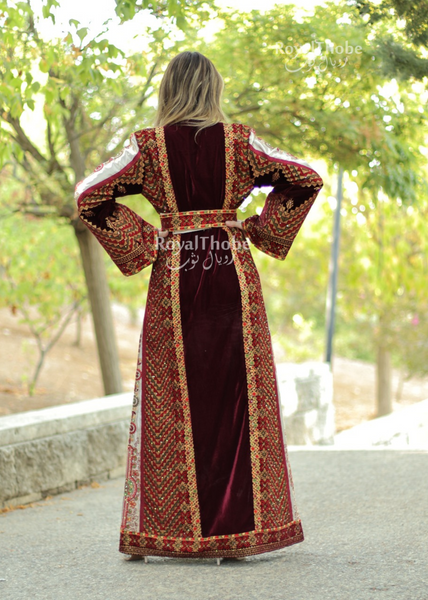 Velvet Burgundy Side Maleka Long Full Embroidered Thobe With Beige Reversible Suede Belt
