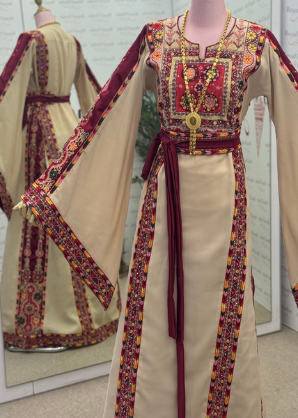 Beige / Burgundy Manajel Mini Flowers Long Full Embroidered Thobe