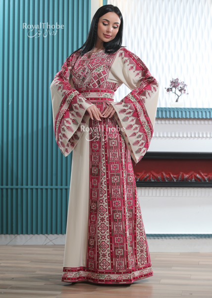 Beige/Burgundy Elegant Long Full Embroidered Thobe