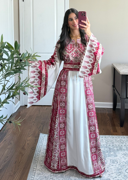 White/ Pinkish Maroon Simple Full Embroidered Thobe