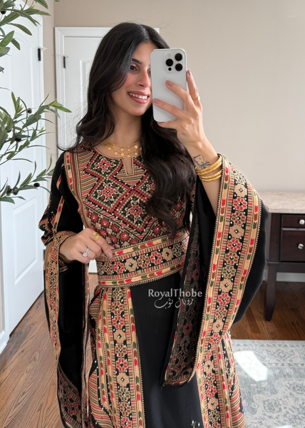 Black//Gold Dimond Long Full Embroidered Linen Fabric Thobe