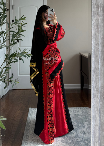 Black/Red Classic Simple Satin Long Full Embroidered Thobe