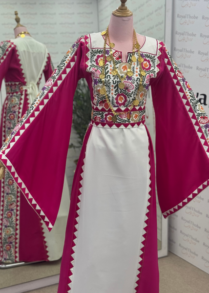 White/ Pink Floral Satin Long Full Embroidered Thobe