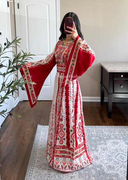 White/ Red Satin Maleka Kasab Full Embroidered Thobe