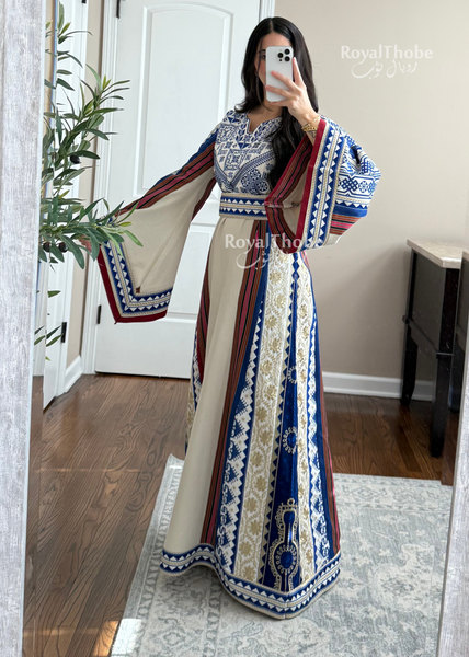 Cream/Royal Blue Maleka Majdlawe Long Full Embroidered Thobe