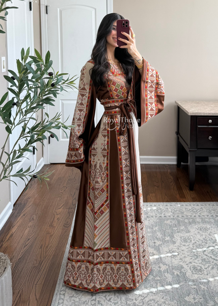 Beige/Brown Triangle Full Embroidered Thobe