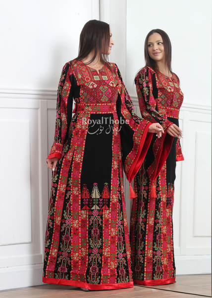 Black/Red Three Triangle Long Full Embroidered Thobe With Red Satin Reversible Belt