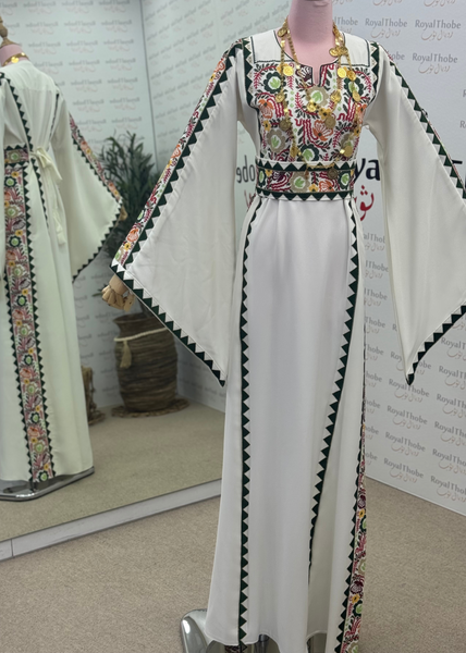 White/ Olive Green Simple Floral Long Embroidered Thobe