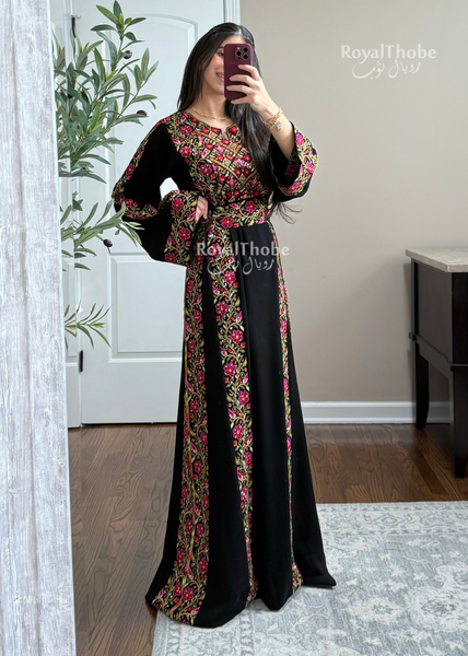 Black/Olive Green Elegant Floral Full Embroidered Thobe