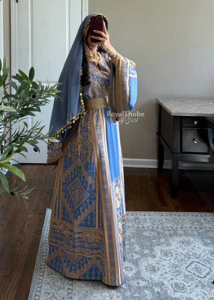 Blue /Gold Flower Malekah Full Embroidered Thobe
