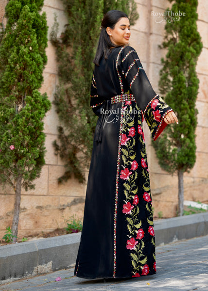Floral Black/Red Long Full Embroidered Thobe