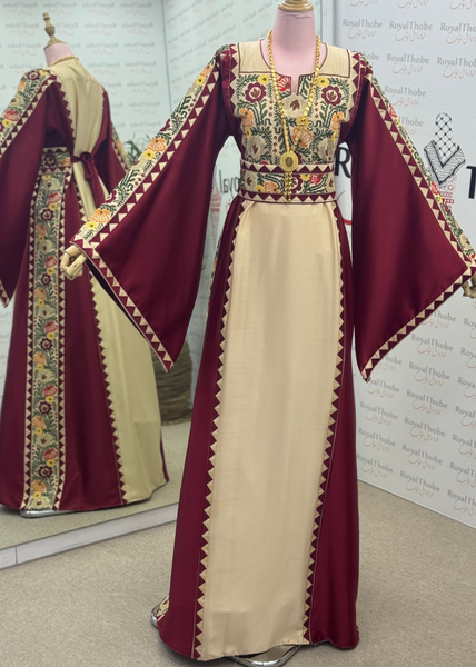 Beige / Burgundy Floral Satin Long Full Embroidered Thobe