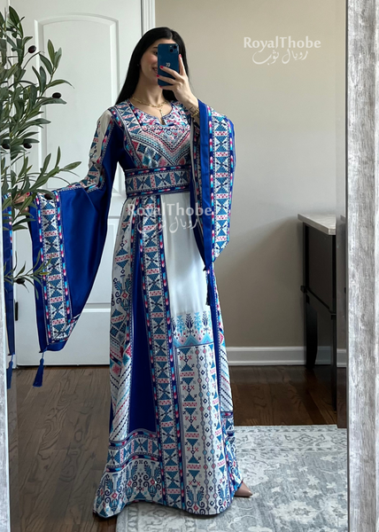 White/Blue Triangle Full Embroidered Thobe